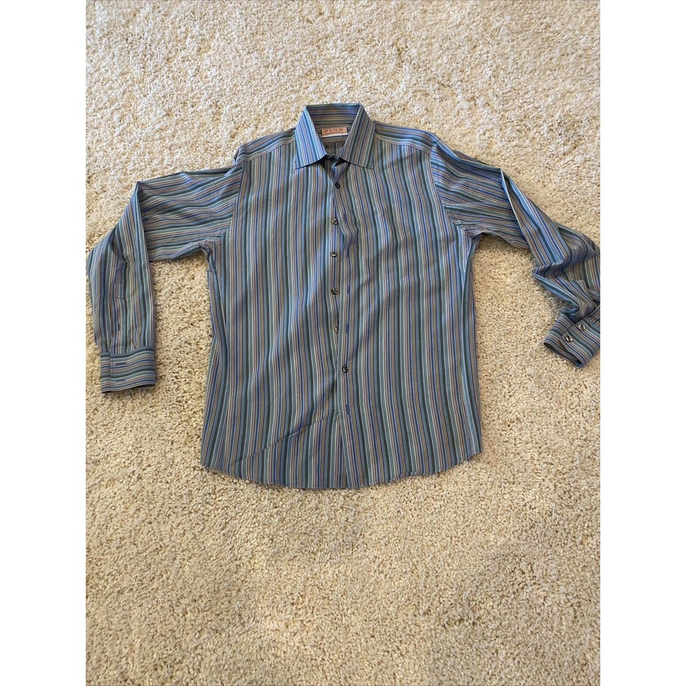 Thomas Pink Long Sleeve Button Front Shirt Size Large Blue Green Striped Dress